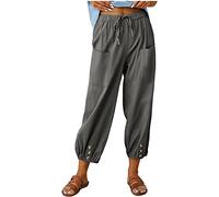 ASKSA Damen 7/8 Länge Hose Weitem Bein Freizeithose Leicht Sommerhose Lose Casual Leinenhose mit Taschen (Dunkelgrau,M)