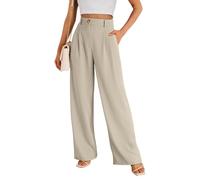 ASKSA Damen Anzughose Elegant High Waist Palazzo Hose Gummibund Lange Weite Hosen Einfarbig Freizeithose mit Taschen (Beige,M)