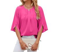 ASKSA Damen Bluse 3/4 Ärmel Plissee Rundhals Chiffon Sommer Shirts Oberteile Elegant Tunika Oberteil Einfarbig Lose Flowy Tops (Rosa,L)
