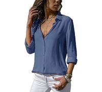 ASKSA Damen Bluse Chiffon Elegant Langarm/Kurzarm Oberteile Einfarbig V-Ausschnitt Lose Hemdbluse T-Shirt Tops (Blau,L)