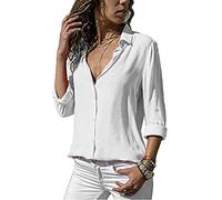 ASKSA Damen Bluse Chiffon Elegant Langarm/Kurzarm Oberteile Einfarbig V-Ausschnitt Lose Hemdbluse T-Shirt Tops (Weiß,S)