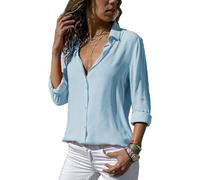 ASKSA Damen Bluse Chiffon Elegant Langarm/Kurzarm Oberteile Einfarbig V-Ausschnitt Lose Hemdbluse T-Shirt Tops (Hellblau,XL)