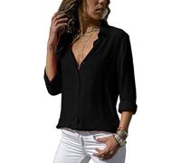 ASKSA Damen Bluse Chiffon Elegant Langarm/Kurzarm Oberteile Einfarbig V-Ausschnitt Lose Hemdbluse T-Shirt Tops (Schwarz,S)