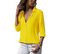 ASKSA Damen Bluse Chiffon Elegant Langarm/Kurzarm Oberteile Einfarbig V-Ausschnitt Lose Hemdbluse T-Shirt Tops (Gelb,XL)