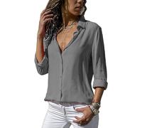 ASKSA Damen Bluse Chiffon Elegant Langarm/Kurzarm Oberteile Einfarbig V-Ausschnitt Lose Hemdbluse T-Shirt Tops (Grau,L)