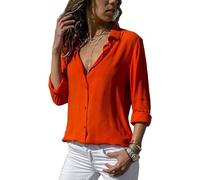 ASKSA Damen Bluse Chiffon Elegant Langarm/Kurzarm Oberteile Einfarbig V-Ausschnitt Lose Hemdbluse T-Shirt Tops (Orange,L)