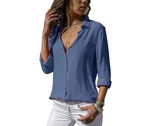 ASKSA Damen Bluse Chiffon Elegant Langarm/Kurzarm Oberteile Einfarbig V-Ausschnitt Lose Hemdbluse T-Shirt Tops (Blau,M)