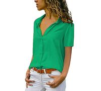 ASKSA Damen Bluse Chiffon Elegant Langarm Oberteile Einfarbig V-Ausschnitt Lose Hemdbluse T-Shirt Tops (Z-Grün, M)