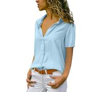 ASKSA Damen Bluse Chiffon Elegant Langarm Oberteile Einfarbig V-Ausschnitt Lose Hemdbluse T-Shirt Tops (Z-Hellblau, XXL)
