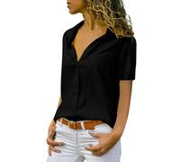 ASKSA Damen Bluse Chiffon Elegant Langarm Oberteile Einfarbig V-Ausschnitt Lose Hemdbluse T-Shirt Tops (Z-Schwarz, M)