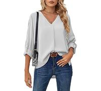 ASKSA Damen Bluse Chiffon Elegant V-Ausschnitt Langarm Hemd Business Casual Arbeit Oberteile Lose Langarmshirt Tops(Weiß,L)