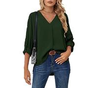 ASKSA Damen Bluse Chiffon Elegant V-Ausschnitt Langarm Hemd Business Casual Arbeit Oberteile Lose Langarmshirt Tops(Grün,L)
