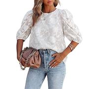 ASKSA Damen Bluse Elegant Chiffon Shirt Rundhal Hemd Sommer Tunika Tops Puffärmeln Oberteil (Weiß,L)