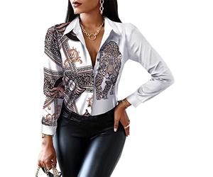 ASKSA Damen Bluse Langarm V-Ausschnitt Drucken Patchwork Hemd Elegant Button Tunika Lose Langarmshirt(Weiß Tiger,M)