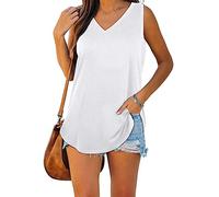 ASKSA Damen Bluse V-Ausschnitt Ärmellose Einfarbige T-Shirt Sommer Elegant Casual Loose Fit Tank Tops Shirt（Verpackung MEHRWEG） (Weiß,XXL)