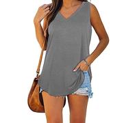 ASKSA Damen Bluse V-Ausschnitt Ärmellose Einfarbige T-Shirt Sommer Elegant Casual Loose Fit Tank Tops Shirt（Verpackung MEHRWEG） (Grau,L)