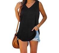 ASKSA Damen Bluse V-Ausschnitt Ärmellose Einfarbige T-Shirt Sommer Elegant Casual Loose Fit Tank Tops Shirt（Verpackung MEHRWEG） (Schwarz,XL)