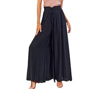 ASKSA Damen Breites Bein Hose Sommer Hohe Waist Plissee Hosen Elegante Einfarbig Leicht Hosenrock Sommerhose mit Tasche Freizeithose (Schwarz,XL)