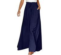ASKSA Damen Breites Bein Hose Sommer Hohe Waist Plissee Hosen Elegante Einfarbig Leicht Hosenrock Sommerhose mit Tasche Freizeithose (Dunkelblau,XXL)