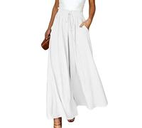 ASKSA Damen Breites Bein Hose Sommer Hohe Waist Plissee Hosen Elegante Einfarbig Leicht Hosenrock Sommerhose mit Tasche Freizeithose (Weiß,XL)