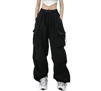 ASKSA Damen Cargohose Baggy Weites Bein Hose Y2K Track Pants Vintage Elastische Hohe Taille Freizeithose mit Taschen (Schwarz-a, M)
