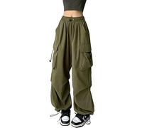 ASKSA Damen Cargohose Baggy Weites Bein Hose Y2K Track Pants Vintage Hohe Taille Elastische Freizeithose mit Taschen (Grün,M)