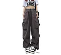 ASKSA Damen Cargohose Baggy Weites Bein Hose Y2K Track Pants Vintage Hohe Taille Elastische Freizeithose mit Taschen (Grau,S)