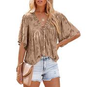 ASKSA Damen Chiffon Bluse 3/4 Glockenärmel Tunika Sommer Knöpfen Hemd Tops Babydoll Lose Oberteile (Khaki,L)