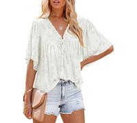 ASKSA Damen Chiffon Bluse 3/4 Glockenärmel Tunika Sommer Knöpfen Hemd Tops Babydoll Lose Oberteile (Weiß,L)