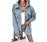 ASKSA Damen Einreihige Hemdjacke Cabanjacke Tweedjacke Knopf Jacke Mantel Revers Warm Winterjacke Langarm Strickjacke Coat Einfarbige Outwear mit Gürtel(Blau,XL)