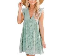 ASKSA Damen Elegant Rüschen Kleider Integriertem Shorts Sommer V-Ausschnitt Minikleid Freizeit Kleid mit Taschen (Grün,XXL)