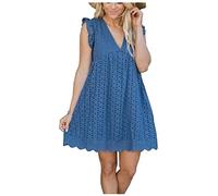 ASKSA Damen Elegant Rüschen Kleider Integriertem Shorts Sommer V-Ausschnitt Minikleid Freizeit Kleid mit Taschen (Dunkelblau,XXL)