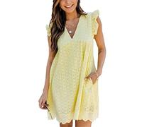 ASKSA Damen Elegant Rüschen Kleider Integriertem Shorts Sommer V-Ausschnitt Minikleid Freizeit Kleid mit Taschen (Gelb,XL)