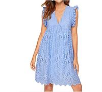 ASKSA Damen Elegant Rüschen Kleider Integriertem Shorts Sommer V-Ausschnitt Minikleid Freizeit Kleid mit Taschen (Hellblau,M)