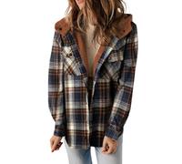 ASKSA Damen Jacke Karierte Winterjacke Oversize Langarm Winter Warme Gefüttert mit Kapuze Knöpfen Casual Mäntel Jacken (Dunkelblau,XL)