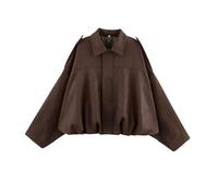 ASKSA Damen Jacke Wildlederjacke Kurz Oversized Bomberjacke aus Wildlederimitat Revers Herbst Streetwear Winterjacke (Kaffee,L)