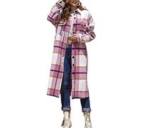 ASKSA Damen Karierte Hemdjacke Bluse Taschen Knöpfen Langarm Oversize Lange Mantel Jacke Holzfällerhemd Mode Boyfriend Shacket Jacken(Rosa,XL)
