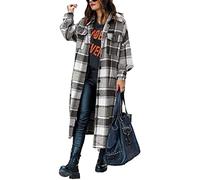 ASKSA Damen Kariertes Lange Hemdjacke Bluse Taschen Knöpfen Langarm Oversize Mantel Jacke Holzfällerjacke Mode Boyfriend Shacket Jacken(Grau,XXL)