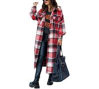 ASKSA Damen Kariertes Lange Hemdjacke Bluse Taschen Knöpfen Langarm Oversize Mantel Jacke Holzfällerjacke Mode Boyfriend Shacket Jacken(Rot,M)