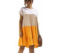 ASKSA Damen Kurzarm Kleid Colorblock Rüschen Rundhals Freizeitkleid One Piece Lässige Midikleider Sommer Loose Swing Kleider (Gelb,2XL)