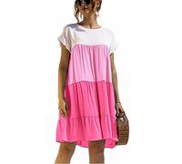 ASKSA Damen Kurzarm Kleid Colorblock Rüschen Rundhals Freizeitkleid One Piece Lässige Midikleider Sommer Loose Swing Kleider (Rosenrot,M)