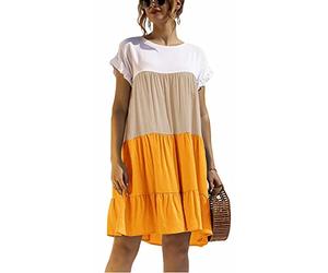 ASKSA Damen Kurzarm Kleid Colorblock Rüschen Rundhals Freizeitkleid One Piece Lässige Midikleider Sommer Loose Swing Kleider (Gelb,2XL)