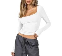 ASKSA Damen Langarmshirt Y2K Slim Fit Oberteile Einfarbig Crop Top Langarm T-Shirt Bluse Teenager Streetwear (Weiß,M)