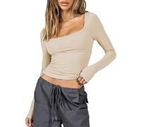 ASKSA Damen Langarmshirt Y2K Slim Fit Oberteile Einfarbig Crop Top Langarm T-Shirt Bluse Teenager Streetwear (Aprikose,M)