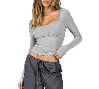 ASKSA Damen Langarmshirt Y2K Slim Fit Oberteile Einfarbig Crop Top Langarm T-Shirt Bluse Teenager Streetwear (Grau,XL)
