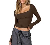 ASKSA Damen Langarmshirt Y2K Slim Fit Oberteile Einfarbig Crop Top Langarm T-Shirt Bluse Teenager Streetwear (Braun,M)