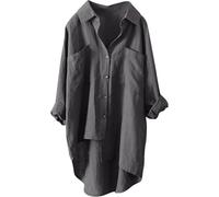 ASKSA Damen Musselin Bluse Sommer Leichte Atmungsaktive Leinenhemd Tshirt Casual Locker Leinenbluse Top Einfarbige Langarm Blusenshirt Langarmshirt Leinen Baumwolle Hemd Oberteile (Grau,5XL)
