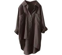 ASKSA Damen Musselin Bluse Sommer Leichte Atmungsaktive Leinenhemd Tshirt Casual Locker Leinenbluse Top Einfarbige Langarm Blusenshirt Langarmshirt Leinen Baumwolle Hemd Oberteile (Braun,XL)
