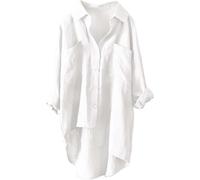 ASKSA Damen Musselin Bluse Sommer Leichte Atmungsaktive Leinenhemd Tshirt Casual Locker Leinenbluse Top Einfarbige Langarm Blusenshirt Langarmshirt Leinen Baumwolle Hemd Oberteile (Weiß,4XL)