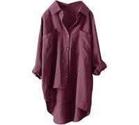 ASKSA Damen Musselin Bluse Sommer Leichte Atmungsaktive Leinenhemd Tshirt Casual Locker Leinenbluse Top Einfarbige Langarm Blusenshirt Langarmshirt Leinen Baumwolle Hemd Oberteile (Rot,M)